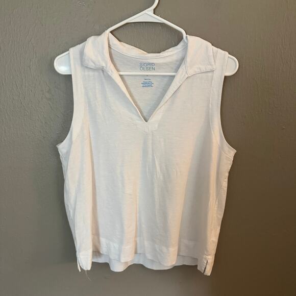 SINGRID OLSEN White Collar Tank Top Casaual Summer Spring Size Large casual - Picture 1 of 7